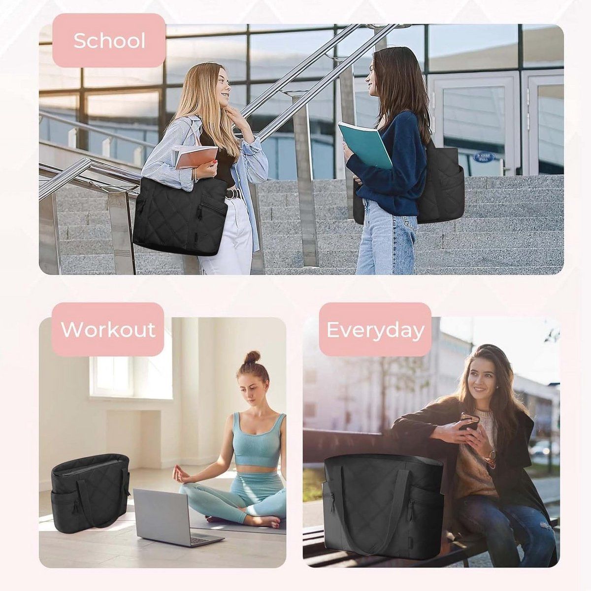 Quilted Laptop Tote Bag for Women 20L with Zipper, Work Travel Nurse Handbag, Black, 40X16X32CM