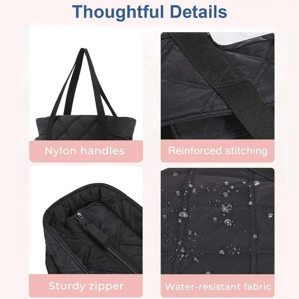 Quilted Laptop Tote Bag for Women 20L with Zipper, Work Travel Nurse Handbag, Black, 40X16X32CM