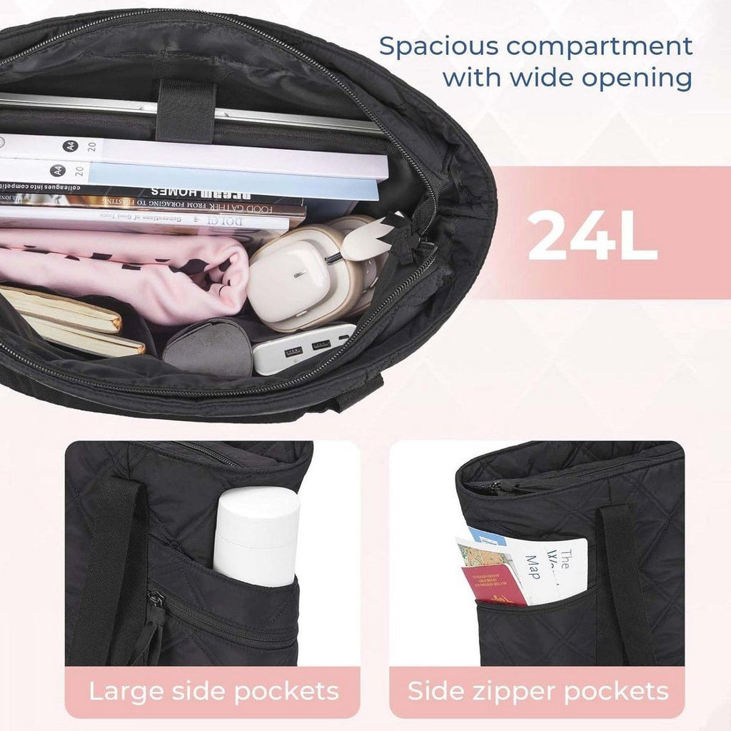 Quilted Laptop Tote Bag for Women 20L with Zipper, Work Travel Nurse Handbag, Black, 40X16X32CM