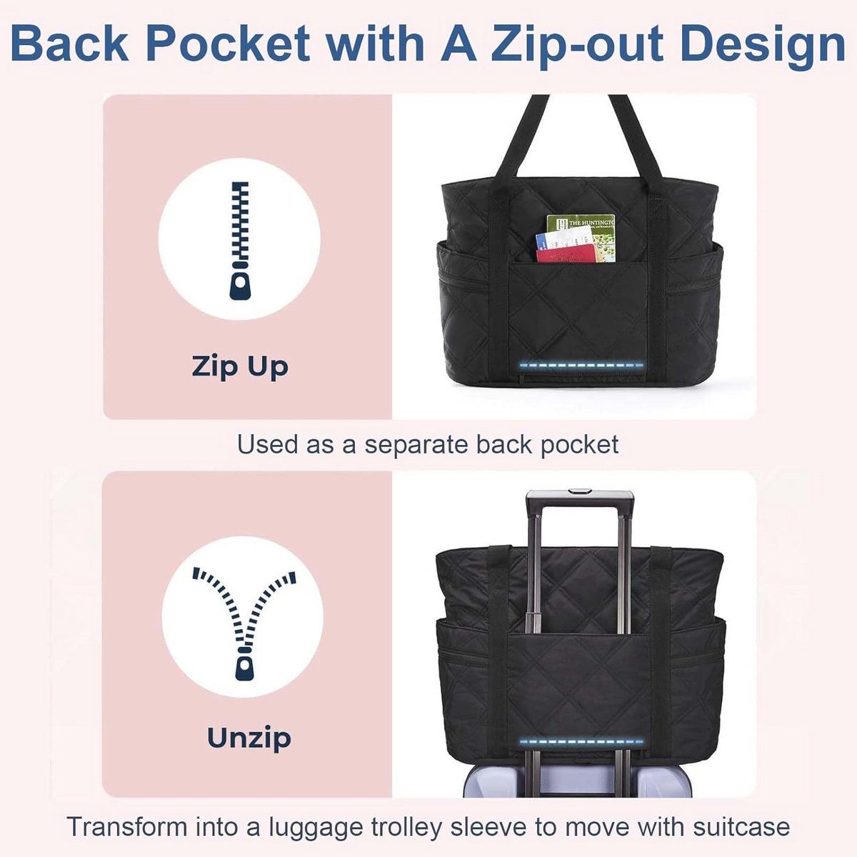 Quilted Laptop Tote Bag for Women 20L with Zipper, Work Travel Nurse Handbag, Black, 40X16X32CM