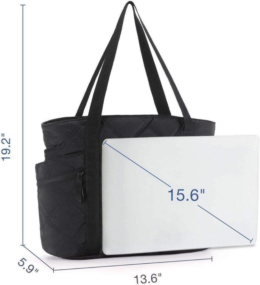 Quilted Laptop Tote Bag for Women 20L with Zipper, Work Travel Nurse Handbag, Black, 40X16X32CM