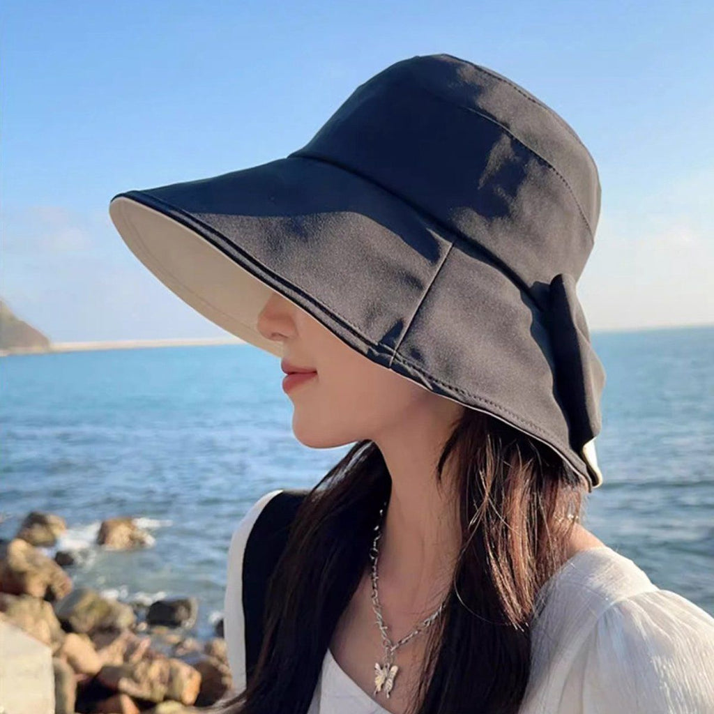 Women's Foldable Wide Brim Bucket Sun Hat, Adjustable Beach Hat for Travel and Summer Sun Protection, Black, 54-60 cm