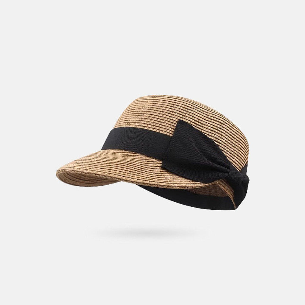 Women Straw Sun Visor Hat with Bow, Trendy Summer Beach Cap for Travel and Outdoor Activities, Khaki
