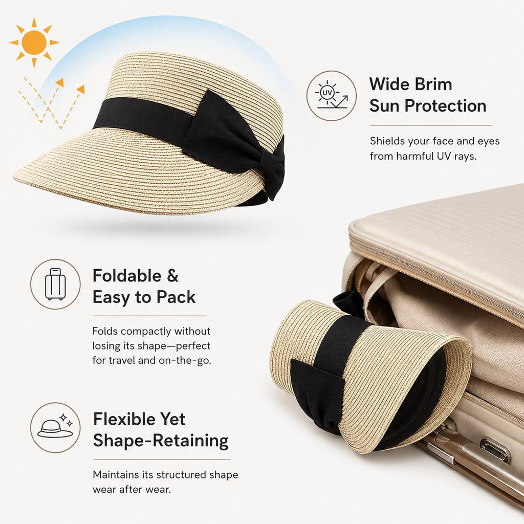 Women Straw Sun Visor Hat with Bow, Trendy Summer Beach Cap for Travel and Outdoor Activities, Khaki