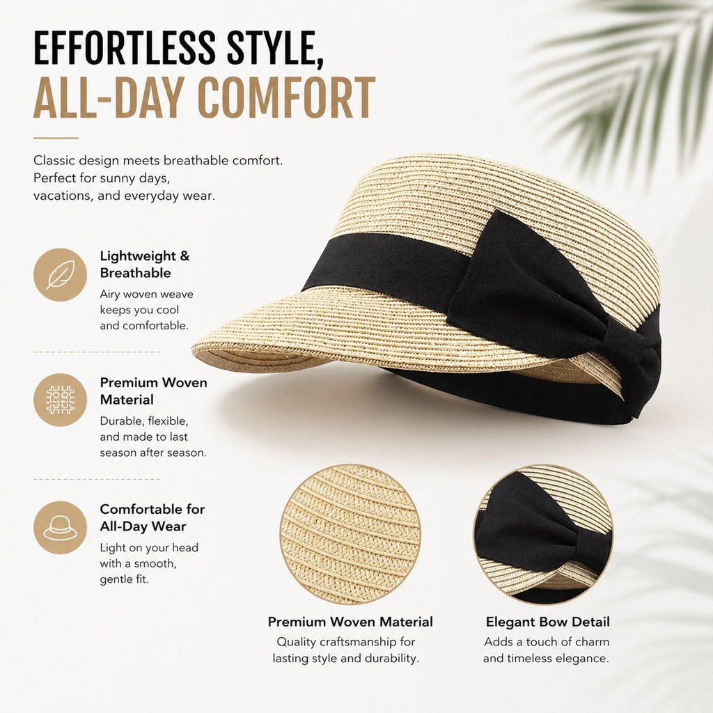 Women Straw Sun Visor Hat with Bow, Trendy Summer Beach Cap for Travel and Outdoor Activities, Khaki