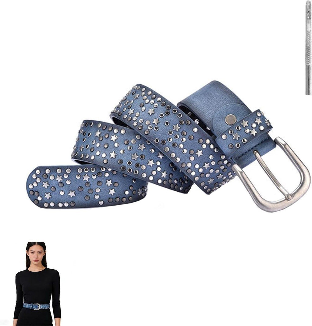 Women Studded Leather Belt, Punk Vintage Style for Jeans and Pants, 110 cm