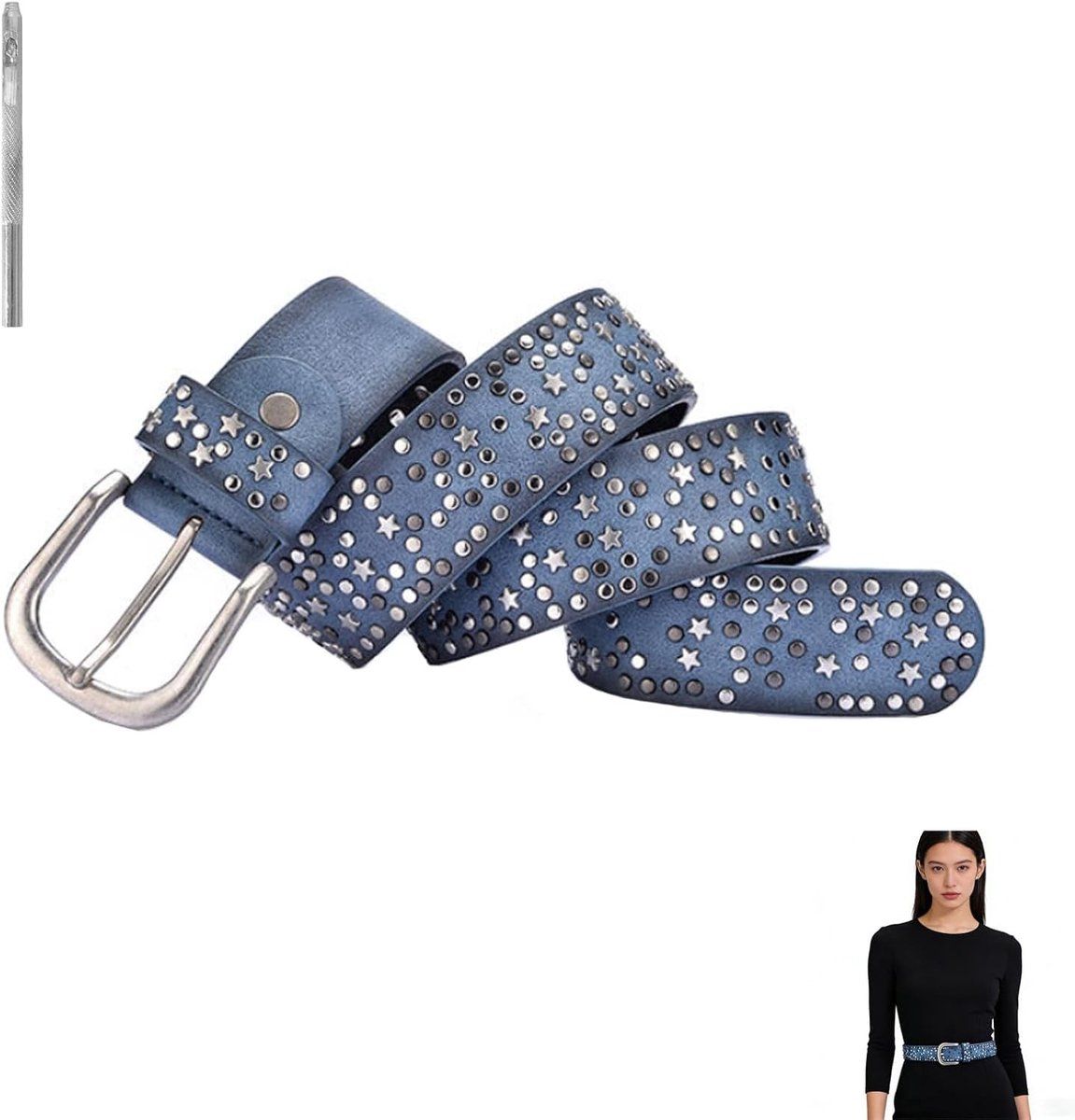 Women Studded Leather Belt, Punk Vintage Style for Jeans and Pants, 110 cm