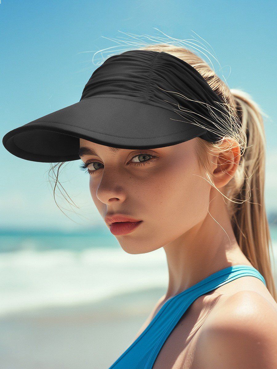 Women's Sun Hat UPF 50 Plus Foldable Beach Hat with Ponytail Hole, Wide Brim Adjustable, Black
