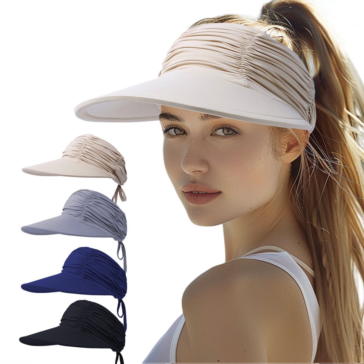 Women's Sun Hat UPF 50 Plus Foldable Beach Hat with Ponytail Hole, Wide Brim Adjustable, Black