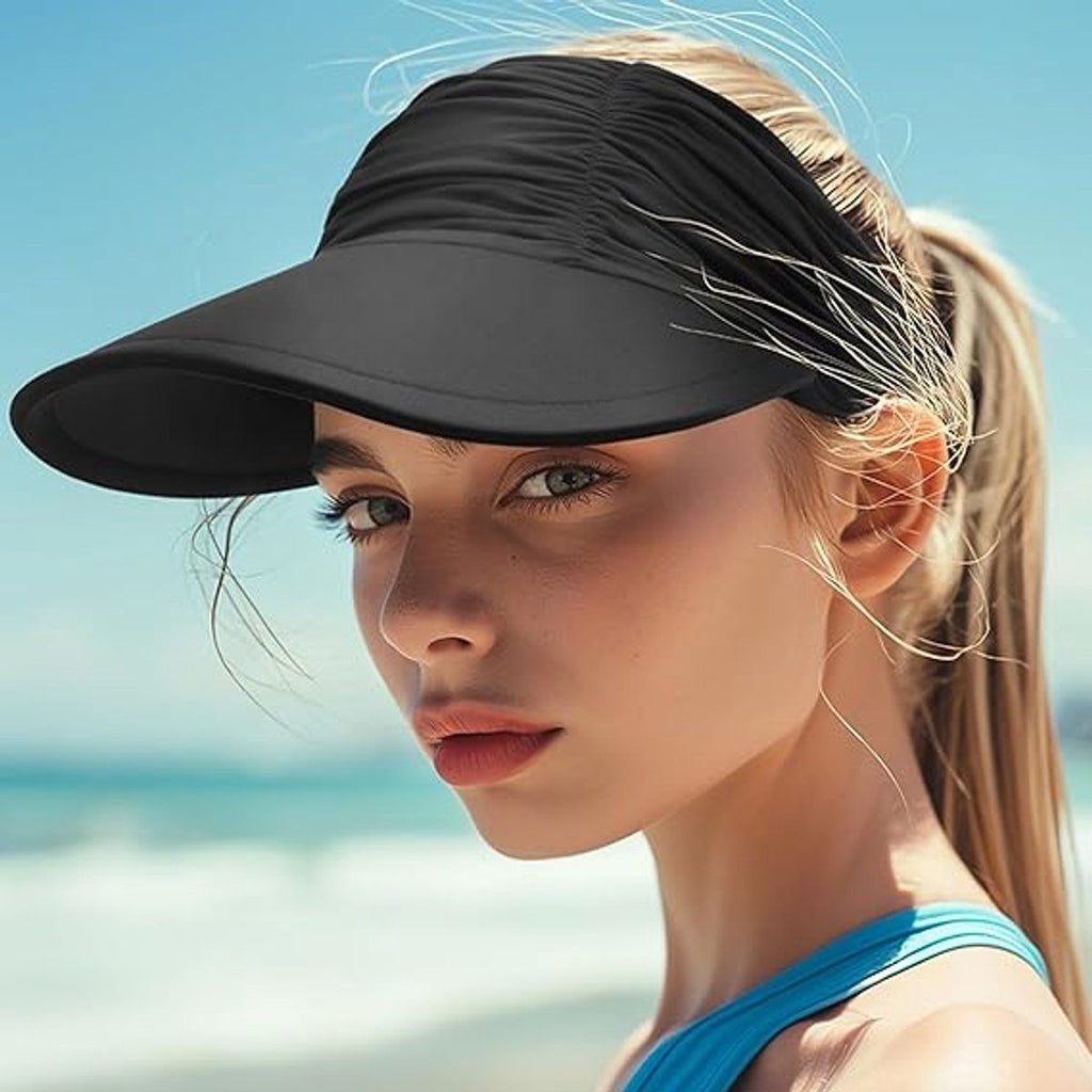 Women's Sun Hat UPF 50 Plus Foldable Beach Hat with Ponytail Hole, Wide Brim Adjustable, Black