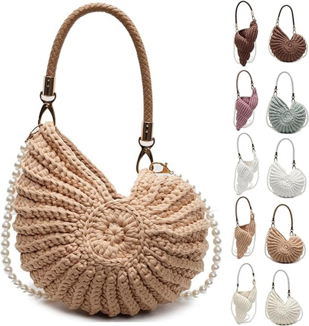 Handbag for Women, Crochet Crossbody Purse Handmade Seashell Shape with Pearl Chain, Summer Beach Shoulder Bag, Unique Gift, Khaki
