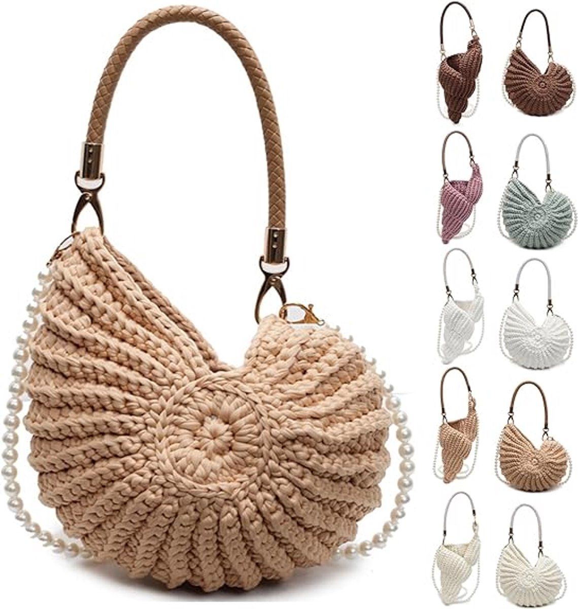 Handbag for Women, Crochet Crossbody Purse Handmade Seashell Shape with Pearl Chain, Summer Beach Shoulder Bag, Unique Gift, Khaki