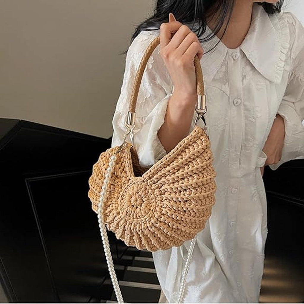 Handbag for Women, Crochet Crossbody Purse Handmade Seashell Shape with Pearl Chain, Summer Beach Shoulder Bag, Unique Gift, Khaki