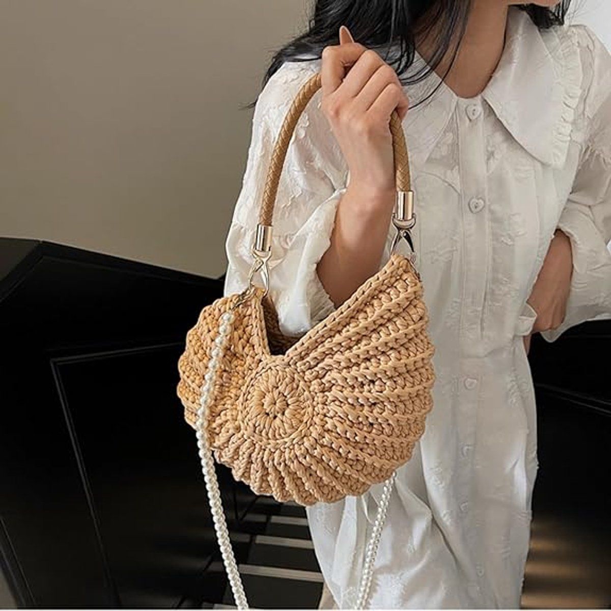 Handbag for Women, Crochet Crossbody Purse Handmade Seashell Shape with Pearl Chain, Summer Beach Shoulder Bag, Unique Gift, Khaki
