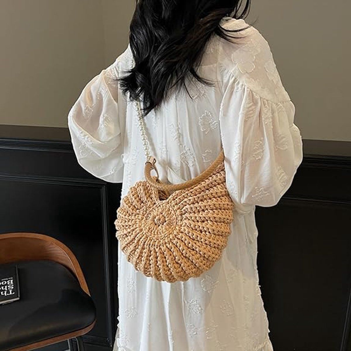 Handbag for Women, Crochet Crossbody Purse Handmade Seashell Shape with Pearl Chain, Summer Beach Shoulder Bag, Unique Gift, Khaki