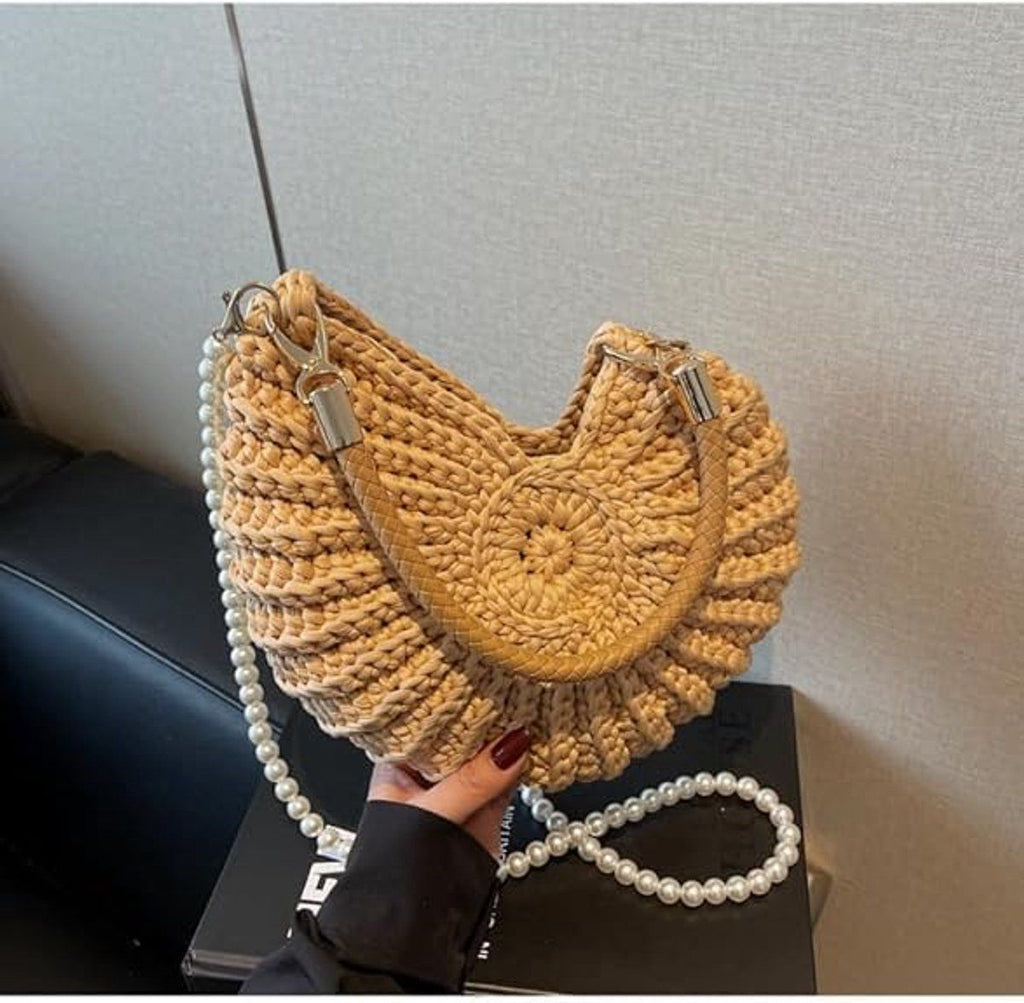 Handbag for Women, Crochet Crossbody Purse Handmade Seashell Shape with Pearl Chain, Summer Beach Shoulder Bag, Unique Gift, Khaki