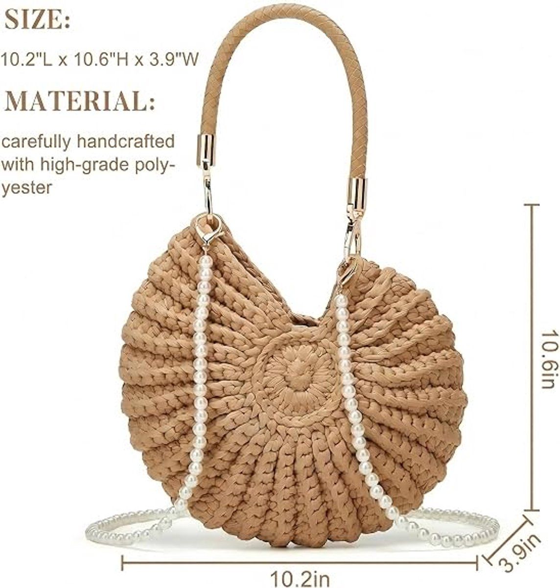 Handbag for Women, Crochet Crossbody Purse Handmade Seashell Shape with Pearl Chain, Summer Beach Shoulder Bag, Unique Gift, Khaki