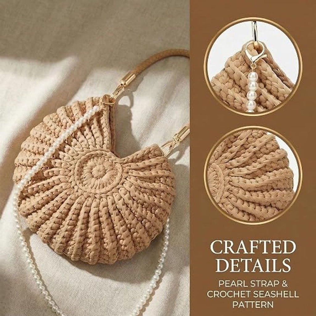 Handbag for Women, Crochet Crossbody Purse Handmade Seashell Shape with Pearl Chain, Summer Beach Shoulder Bag, Unique Gift, Khaki