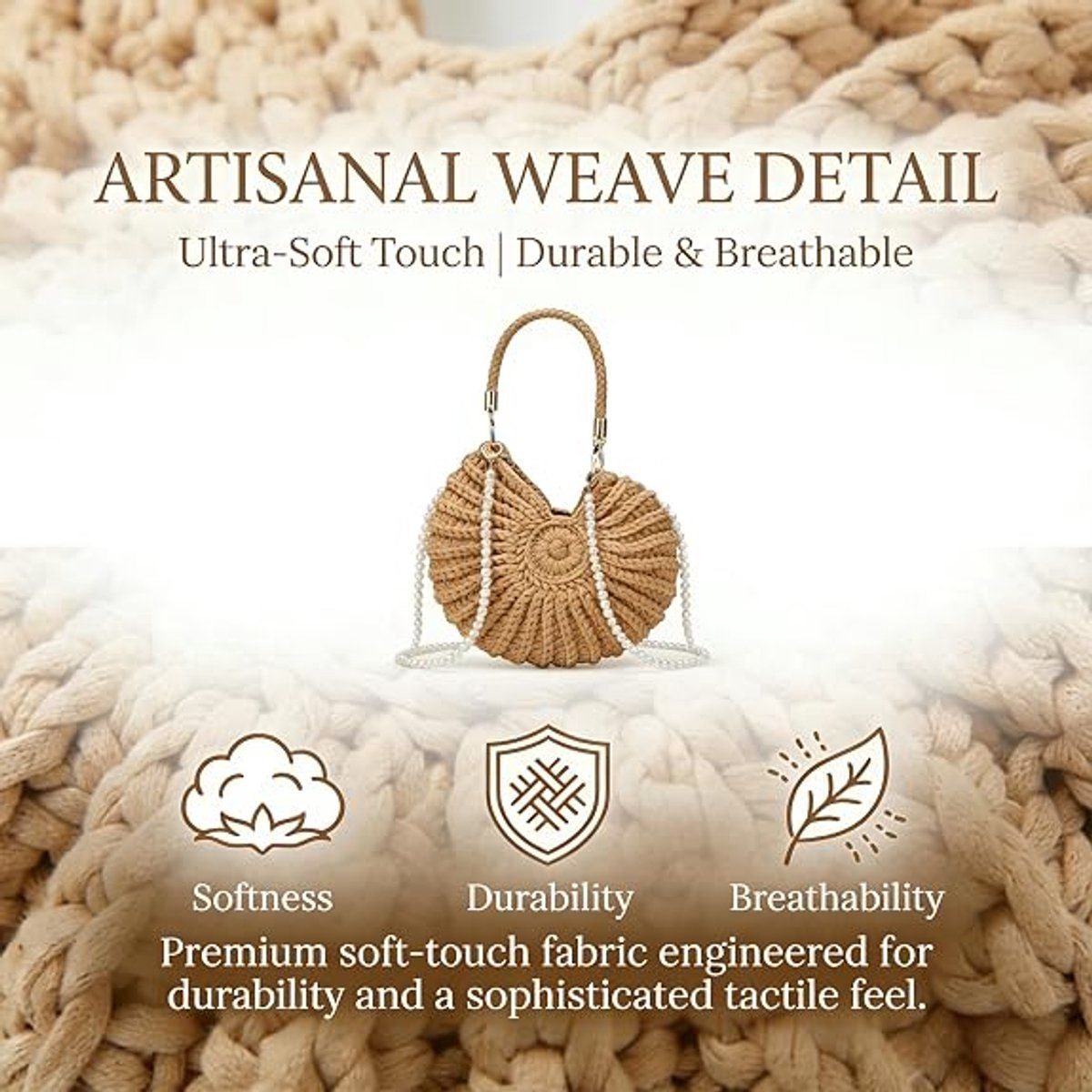 Handbag for Women, Crochet Crossbody Purse Handmade Seashell Shape with Pearl Chain, Summer Beach Shoulder Bag, Unique Gift, Khaki