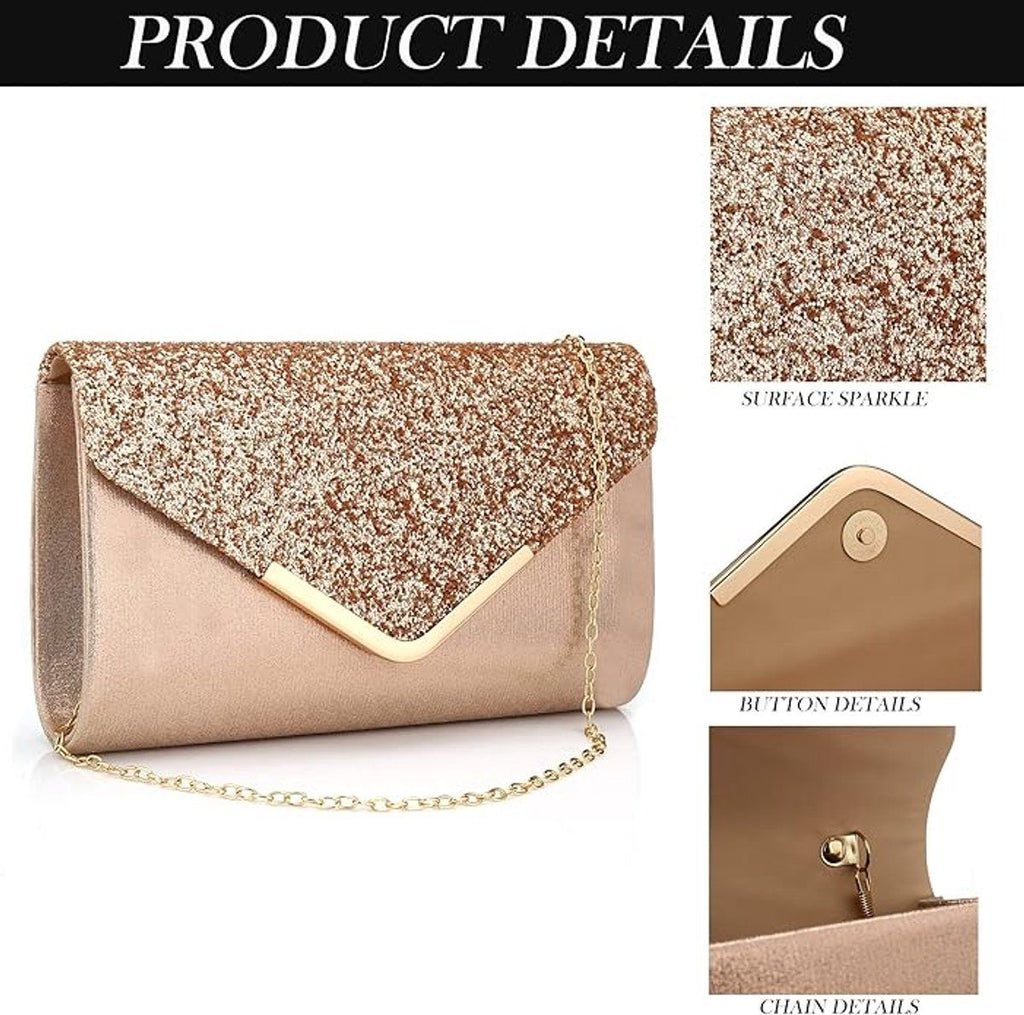 Sparkly Clutch Evening Bag with Chain for Women, Elegant Envelope Purse for Formal Occasions Wedding Party, Champagne