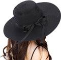 Womens Wide Brim Straw Sun Hat UPF 50 Foldable Beach Hat with Ribbon Bow for Beach Garden Vacation Black