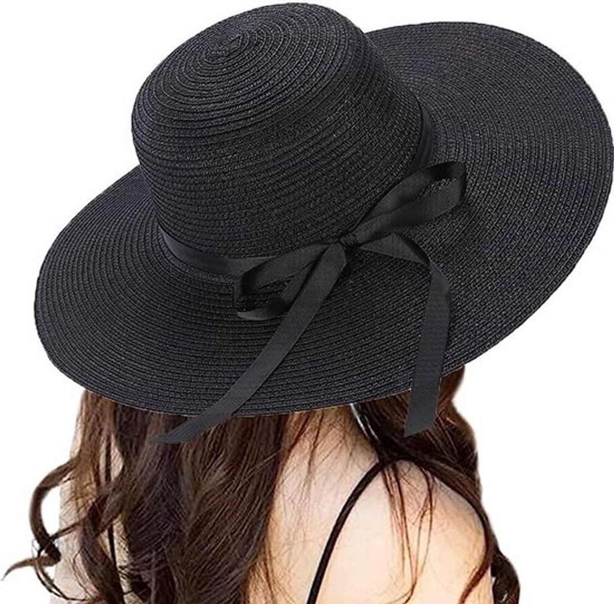 Womens Wide Brim Straw Sun Hat UPF 50 Foldable Beach Hat with Ribbon Bow for Beach Garden Vacation Black