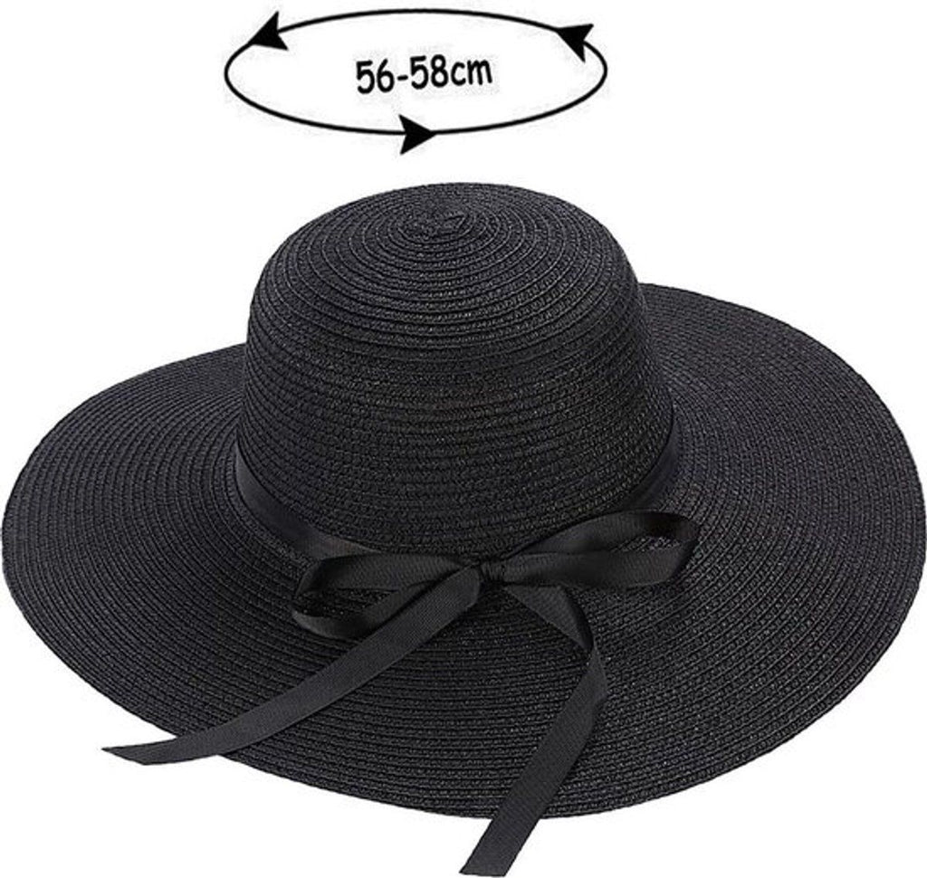 Womens Wide Brim Straw Sun Hat UPF 50 Foldable Beach Hat with Ribbon Bow for Beach Garden Vacation Black
