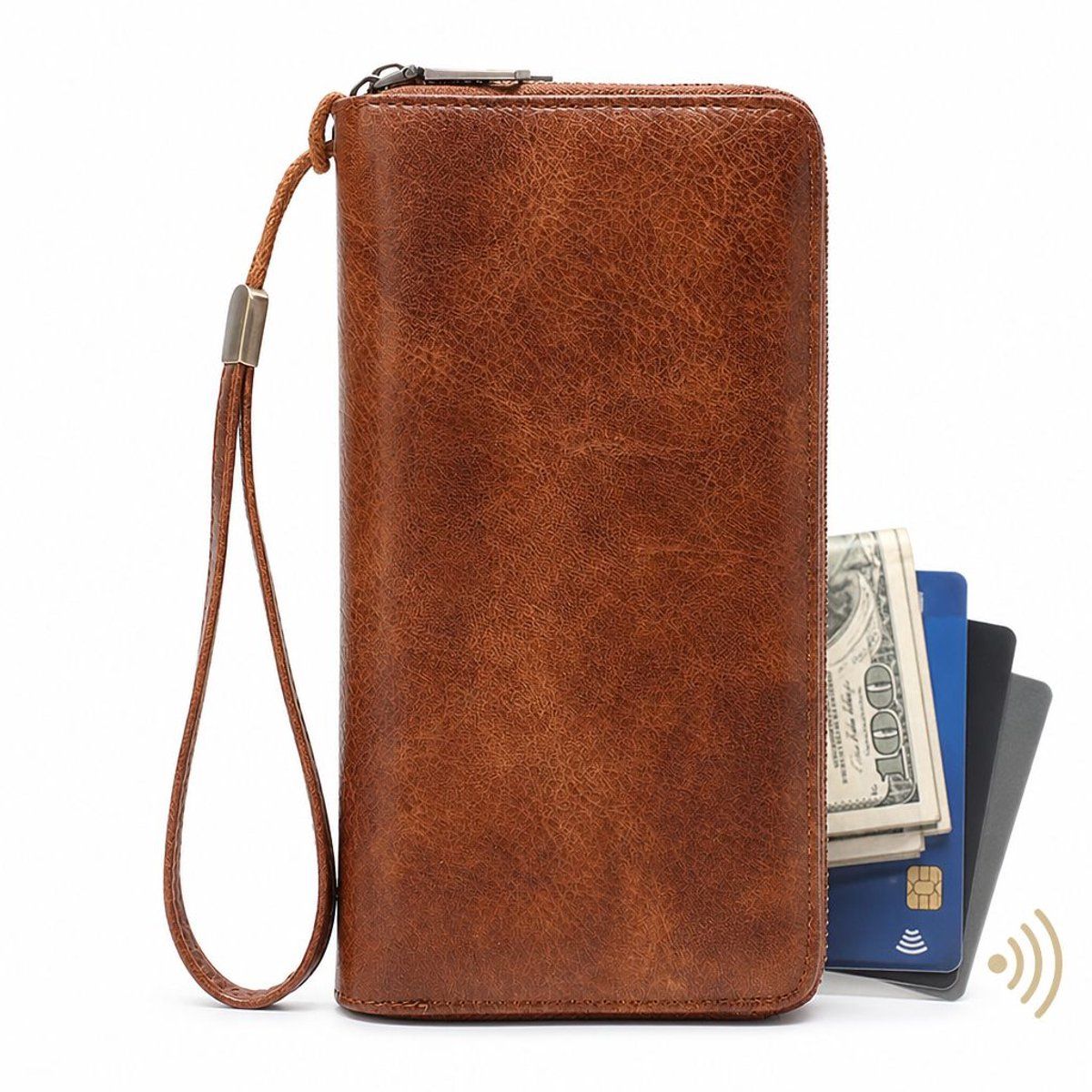 Women's RFID Blocking Zipper Wallet Leather Phone Bag with Wrist Strap, Compact Travel Purse for Cards Cash and Daily Use