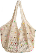 Crochet Beach Tote Bag for Women, Colorful Beaded Shoulder Handbag, Large Capacity Hippie Knitted Travel Bag for Vacation and Photos