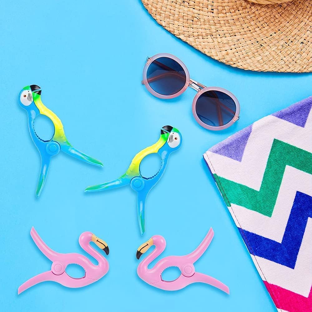 Beach Towel Clips,  Jumbo Size Towel Clips for Beach Chairs Cruise Pool Patio or Daily Use-Secure Hang Seal, Set of 4 (Flamingo Parrot)