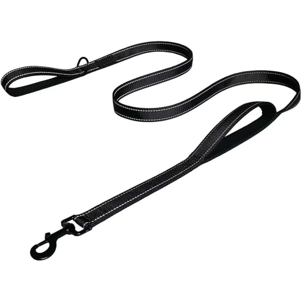Reflective Dog Leash with Dual Handles - Anti-Shock Nylon Pet Lead for Large Medium Dogs - No-Pull Training Leash - Black 1.5m