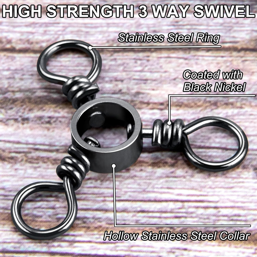 100-Pack 3 Way Swivels Fishing Tackle, 28-143LB Stainless Steel Black Nickel Three Swivel Connectors Saltwater Freshwater Surf Deep Drop Catfishing Rigs Tackle  #5-40LB-100 Pack