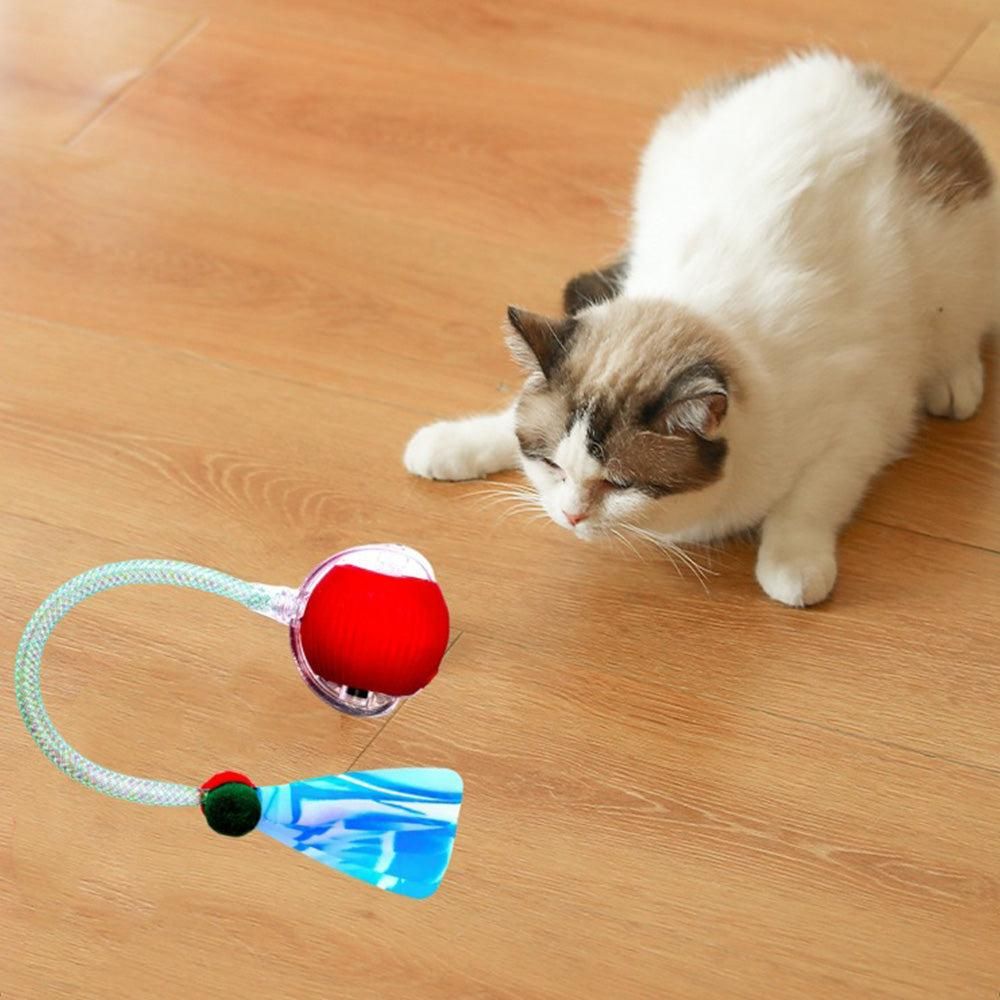 Interactive Cat Toy Moving Cat Ball with Dragonfly Tail Indoor Auto-Turn Cat Toy Red