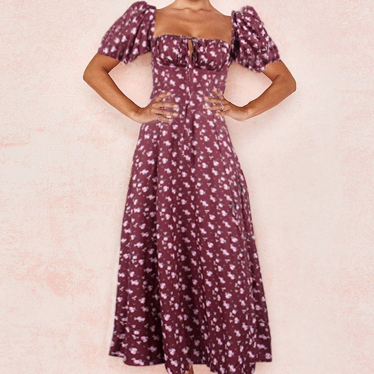 Hongyi Floral Long Dress Summer 2026 Burgundy Size: S; Height (cm): 155-160; Weight (kg): 45-50; Bust (cm): 82-86; Waist (cm): 66-70; Shoulder width (cm): 37; Length (cm): 58