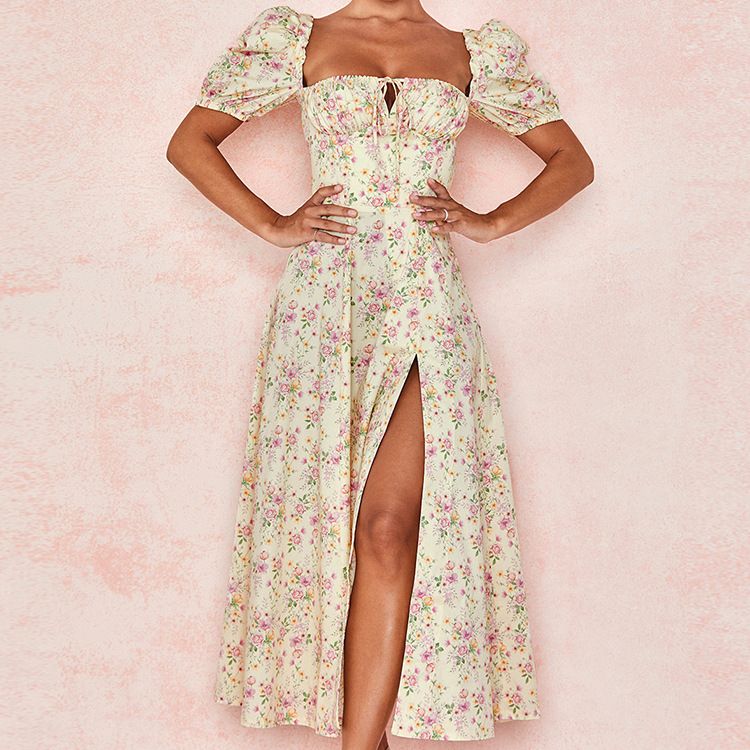 Hongyi Floral Long Dress Summer 2026 Apricot Size: S; Height (cm): 155-160; Weight (kg): 45-50; Bust (cm): 82-86; Waist (cm): 66-70; Shoulder width (cm): 37; Length (cm): 58