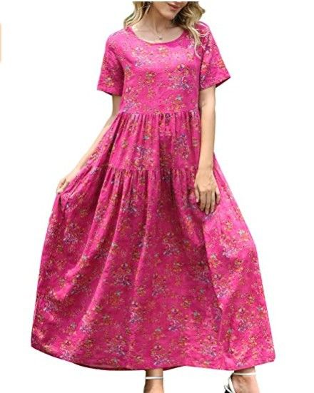 Women Floral Long Dress Short Sleeve Polyester Picture Color 2 XS