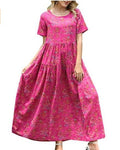 Women Floral Long Dress Short Sleeve Polyester Picture Color 2 XXXL