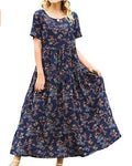 Women Floral Long Dress Short Sleeve Polyester Picture Color 3 XXXL