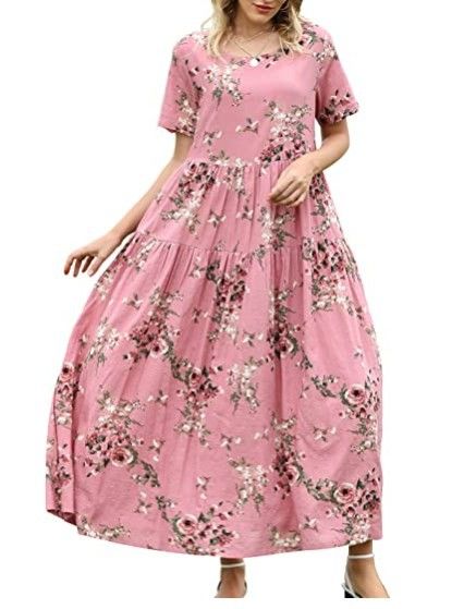 Women Floral Long Dress Short Sleeve Polyester Picture Color 4 XS
