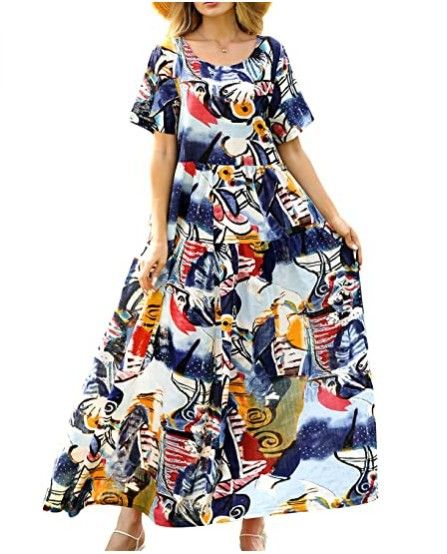 Women Floral Long Dress Short Sleeve Polyester Picture Color 9 XXXL