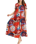 Women Floral Long Dress Short Sleeve Polyester Picture color 10 XXXL