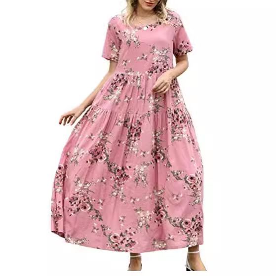Women Floral Long Dress Short Sleeve Polyester Picture color 12 XS