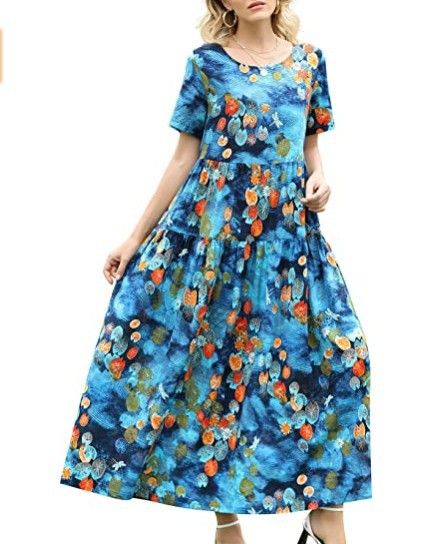 Women Floral Long Dress Short Sleeve Polyester Picture color 12 XXXL