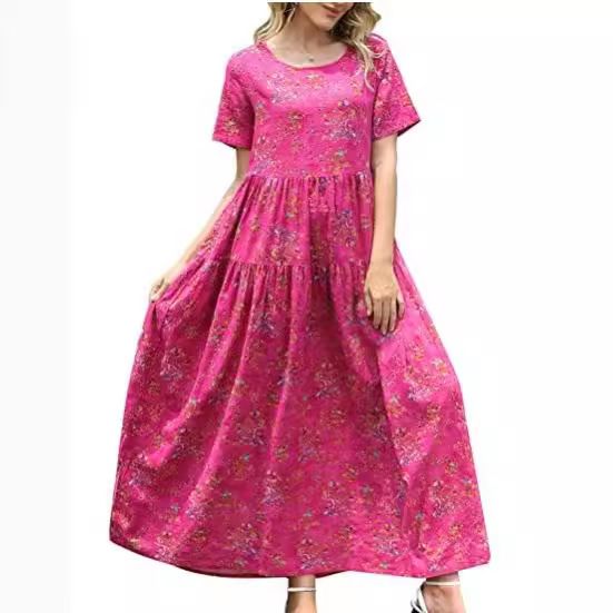 Women Floral Long Dress Short Sleeve Polyester Picture color 12 XXXL