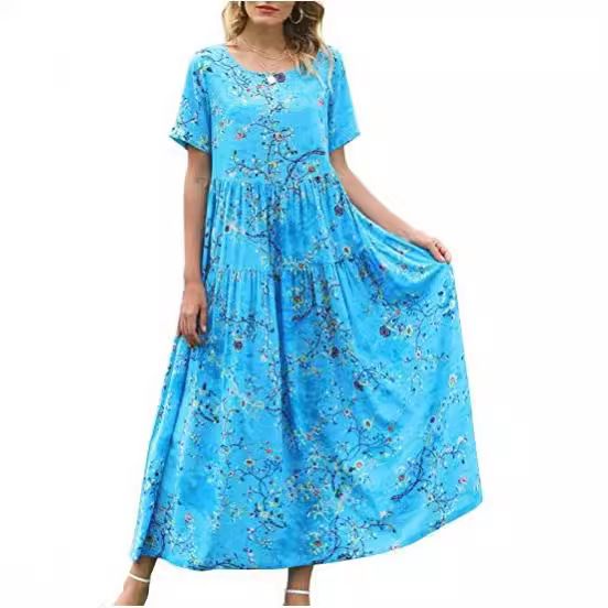 Women Floral Long Dress Short Sleeve Polyester Picture color 13 XS