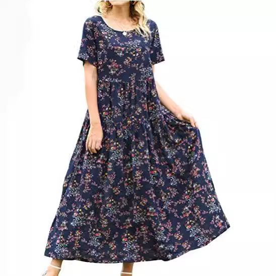 Women Floral Long Dress Short Sleeve Polyester Picture color 13 XS