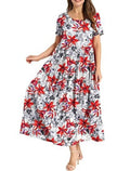 Women Floral Long Dress Short Sleeve Polyester Picture color 13 XXXL