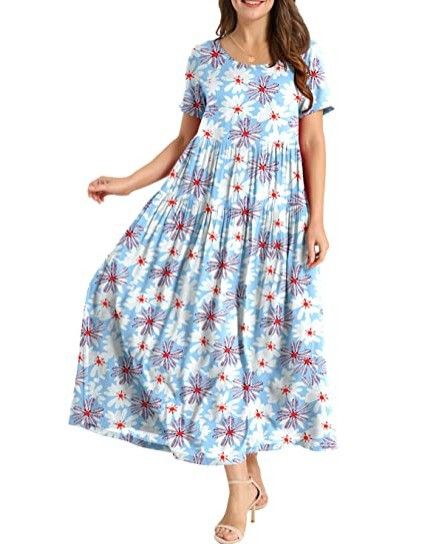 Women Floral Long Dress Short Sleeve Polyester Picture Color 14 XXXL