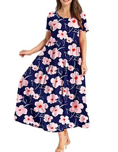 Women Floral Long Dress Short Sleeve Polyester Picture color 15 XXXL