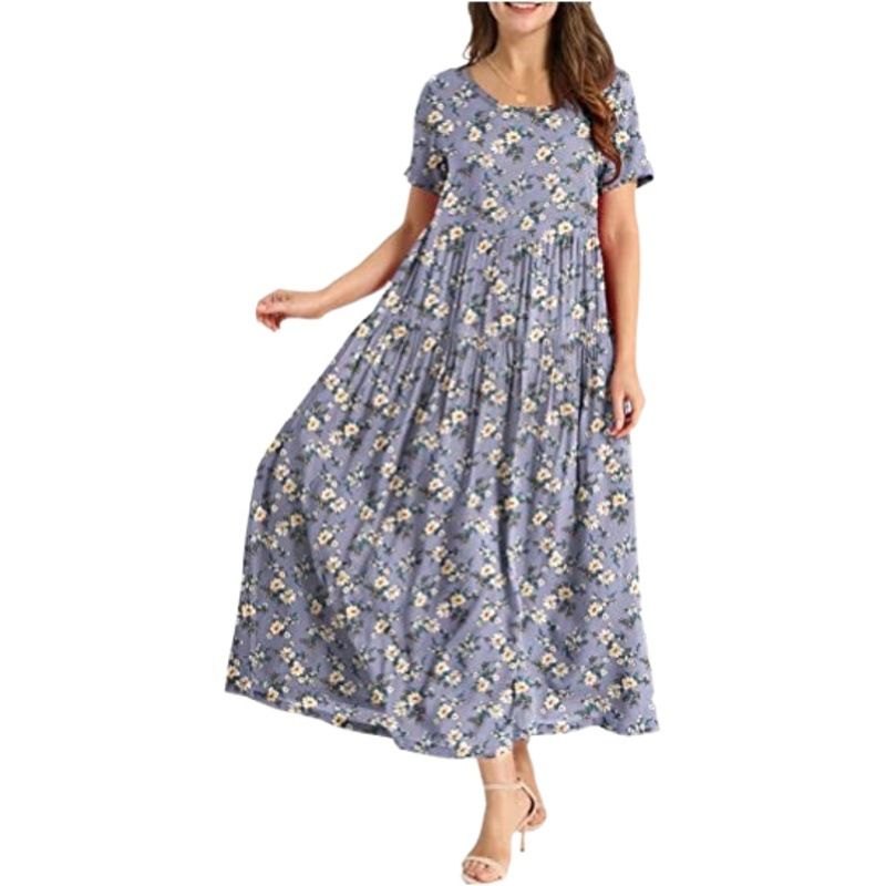 Women Floral Long Dress Short Sleeve Polyester Picture Color 16 XXXL